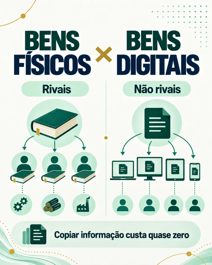 Cartaz "Bens físicos × bens digitais": à esquerda, um livro (rival) distribuído a três pessoas e ligado a engrenagens, madeira e fábrica; à direita, um arquivo (não rival) aberto ao mesmo tempo em notebook, monitor, tablet e celular. Legenda: copiar informação custa quase zero.
