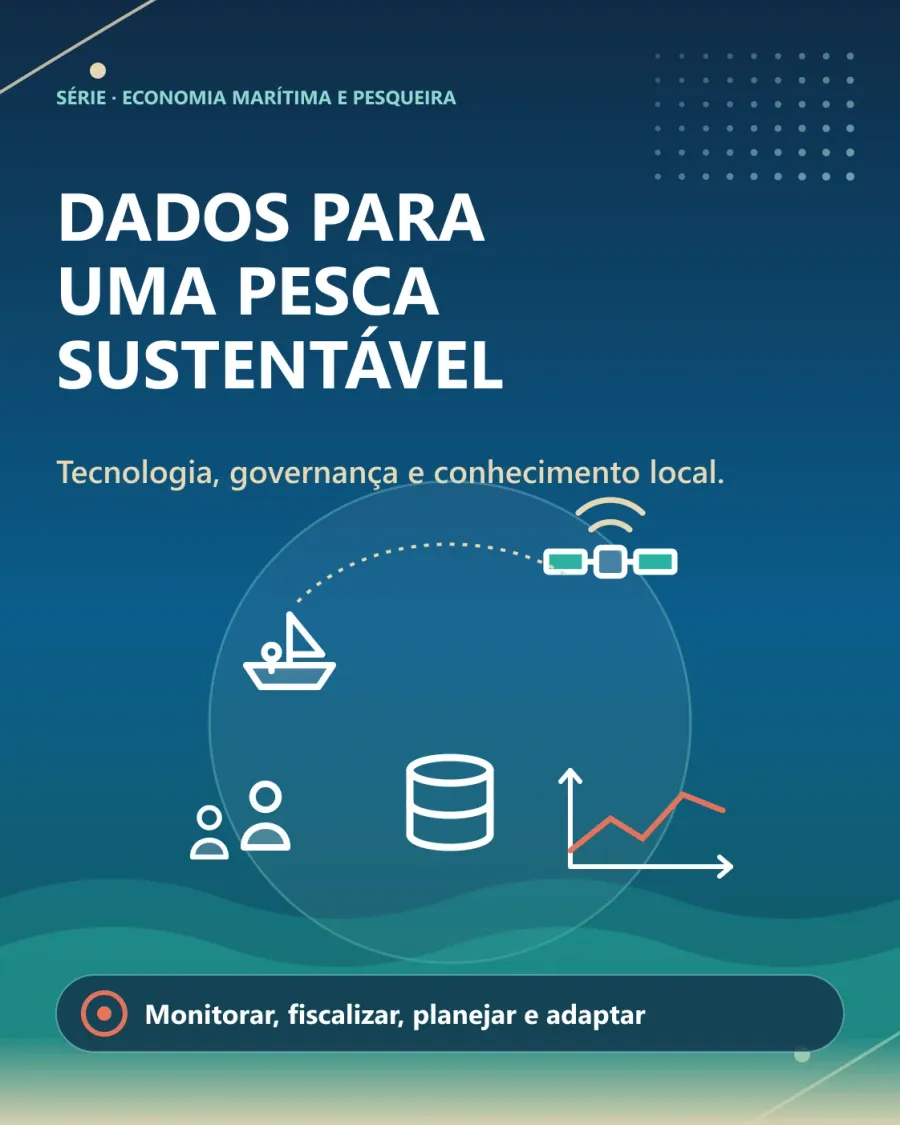 Capa "Dados para uma pesca sustentável — tecnologia, governança e conhecimento local": um satélite ligado por linha tracejada a um barco, um banco de dados, um gráfico de linha e duas pessoas. Legenda: monitorar, fiscalizar, planejar e adaptar.