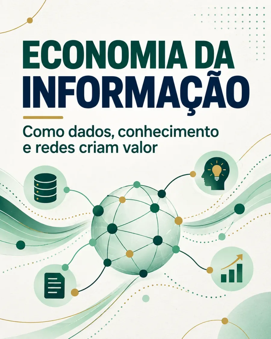 Cartaz "Economia da Informação — como dados, conhecimento e redes criam valor": uma esfera de rede, com nós e conexões, ligada a ícones de banco de dados, documento, cabeça com lâmpada e gráfico de crescimento.