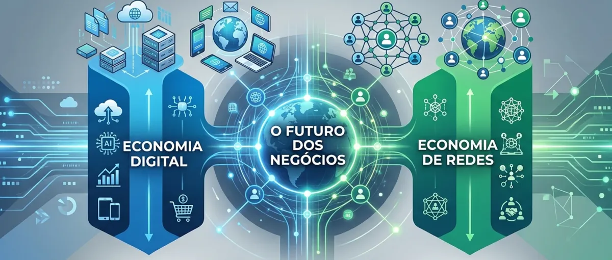 Panel titled "The future of business" linking two blocks, Digital Economy and Network Economics, through a network of nodes and connections over a globe.
