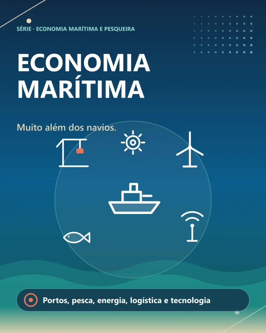 Capa "Economia Marítima — muito além dos navios": um navio cercado por guindaste portuário, turbina eólica, engrenagem, peixe e antena de comunicação. Legenda: portos, pesca, energia, logística e tecnologia.