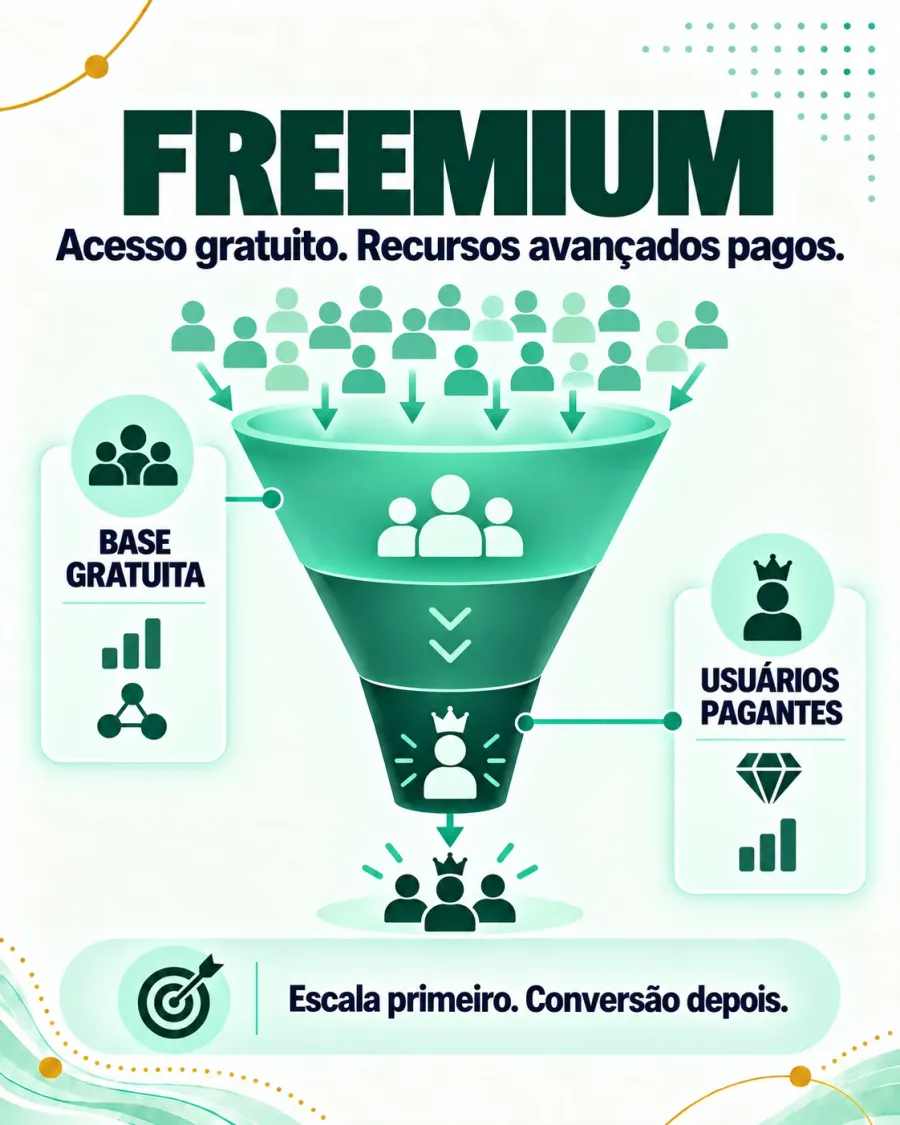 Cartaz "Freemium — acesso gratuito, recursos avançados pagos": um funil que recebe uma base gratuita ampla no topo e entrega usuários pagantes na base. Legenda: escala primeiro, conversão depois.