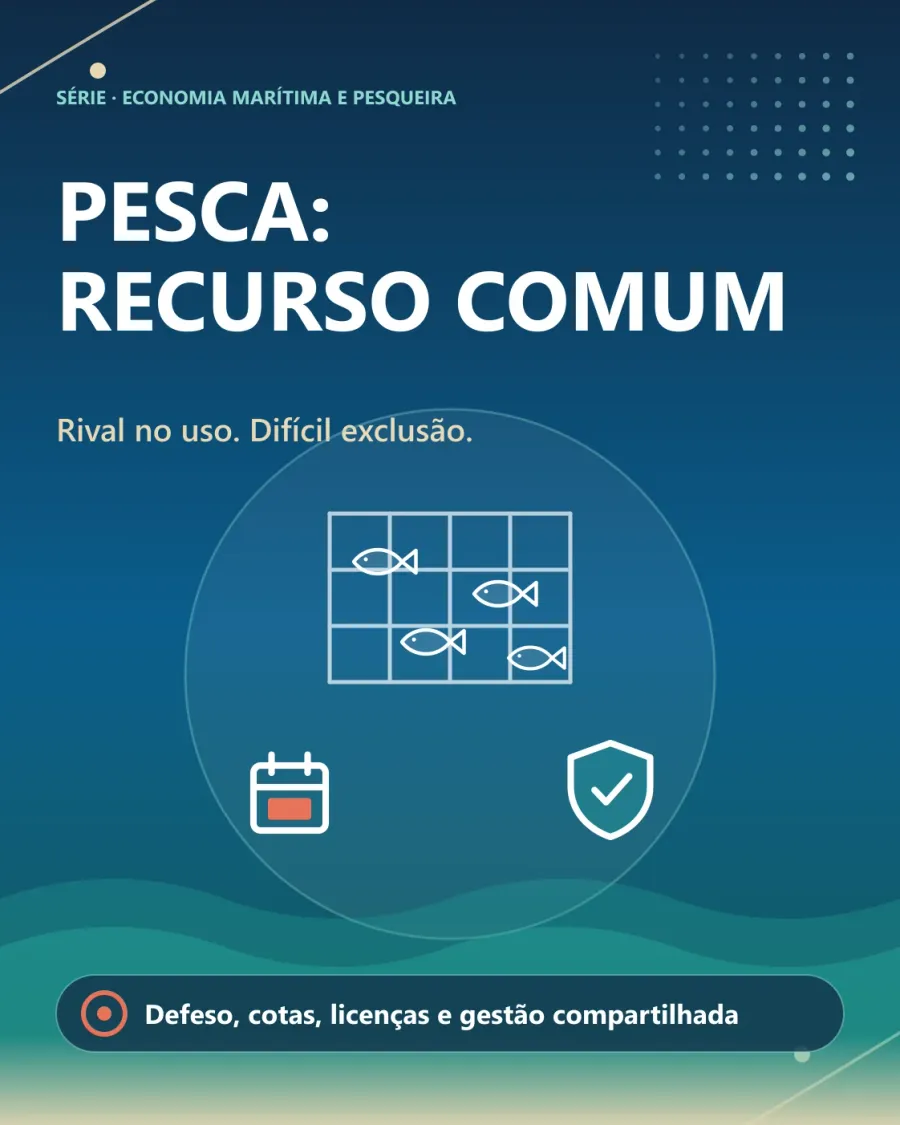 Capa "Pesca: recurso comum — rival no uso, difícil exclusão": peixes dentro de uma rede quadriculada; abaixo, um calendário e um escudo com marca de verificação. Legenda: defeso, cotas, licenças e gestão compartilhada.