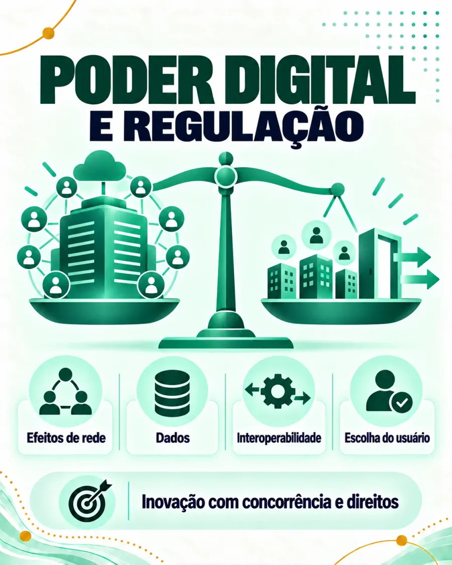 Cartaz "Poder digital e regulação": uma balança com uma grande plataforma cercada de usuários de um lado e várias empresas menores com uma porta de saída do outro; abaixo, os ícones efeitos de rede, dados, interoperabilidade e escolha do usuário. Legenda: inovação com concorrência e direitos.