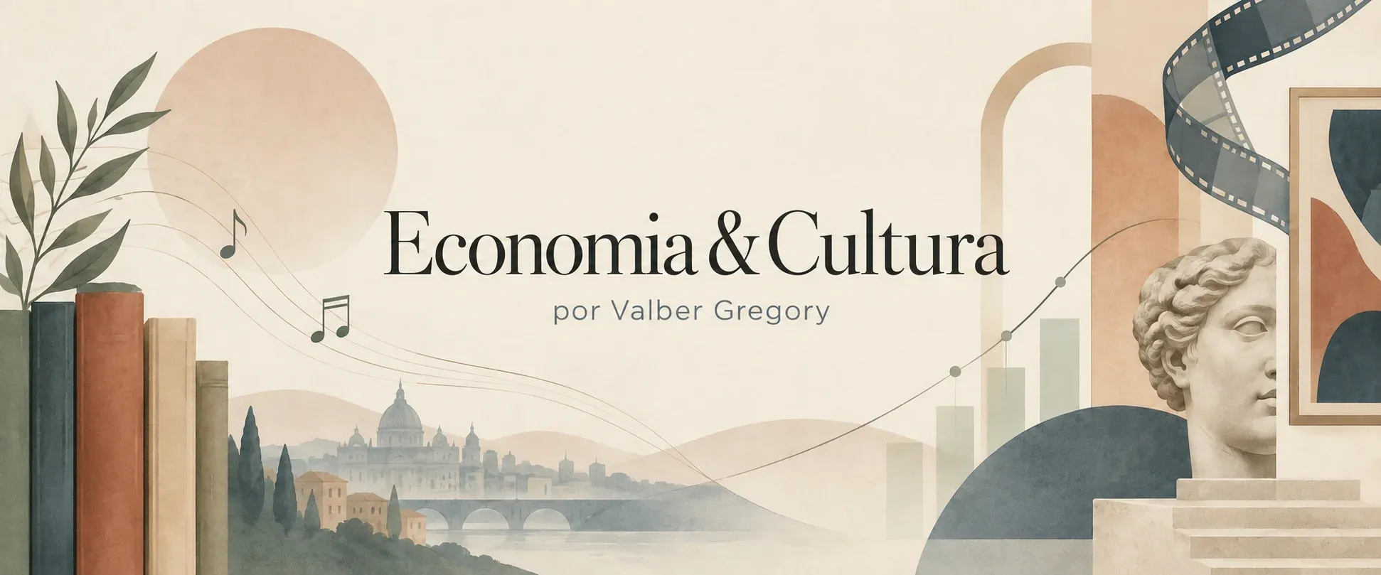 Ilustração em aquarela com o título Economia & Cultura, por Valber Gregory: livros, notas musicais, uma cidade histórica ao fundo, uma película de cinema, um busto clássico e um gráfico de linha.