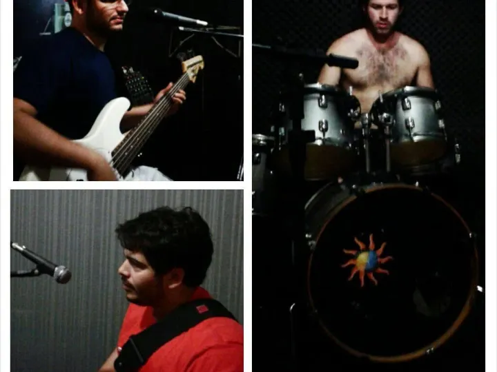 Mosaico de três fotos de ensaio: Valber ao microfone com um baixo branco; um baterista atrás do kit com um sol pintado no bumbo; e Valber de camisa vermelha com a guitarra.