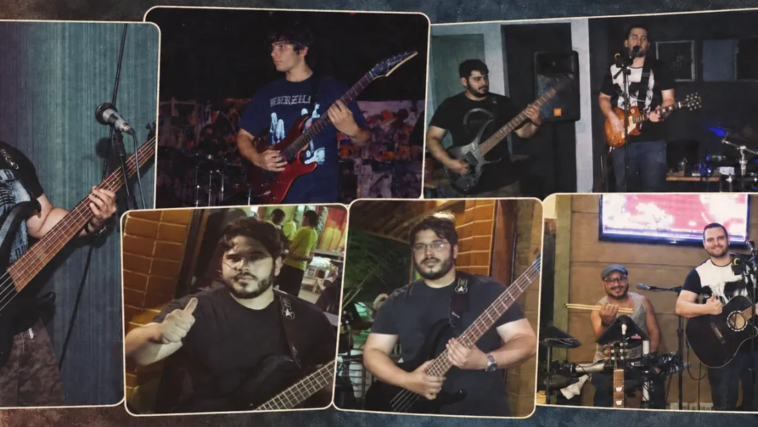 Mosaico de sete fotografias de bandas em Maceió, com Valber ao baixo e à guitarra em ensaios e apresentações, ao lado de outros músicos.